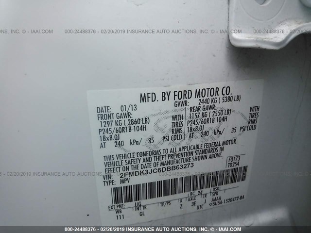 2FMDK3JC6DBB63273 - 2013 FORD EDGE SEL WHITE photo 9