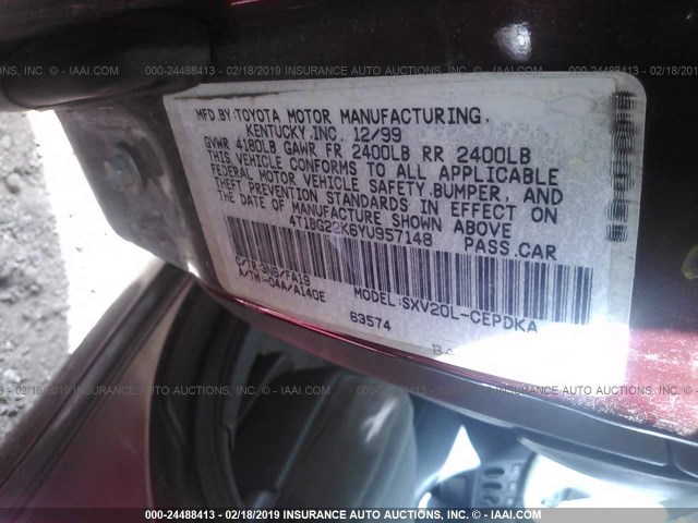 4T1BG22K6YU957148 - 2000 TOYOTA CAMRY CE/LE/XLE RED photo 9
