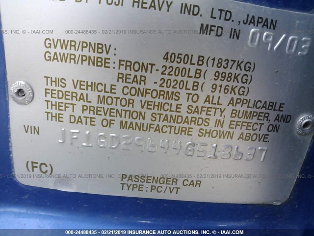 JF1GD29644G518637 - 2004 SUBARU IMPREZA WRX BLUE photo 9