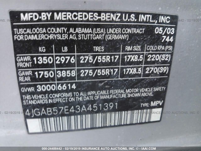 4JGAB57E43A451391 - 2003 MERCEDES-BENZ ML 350 SILVER photo 9