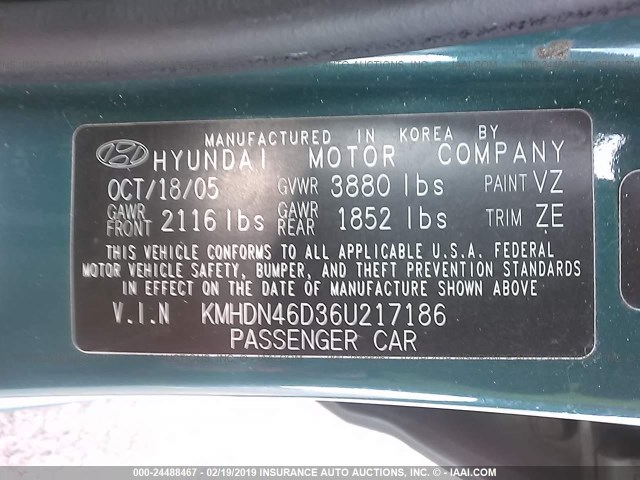 KMHDN46D36U217186 - 2006 HYUNDAI ELANTRA GLS/GT/LIMITED BLUE photo 9