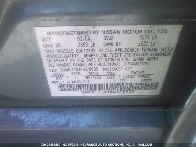 1N4BL11D36N378905 - 2006 NISSAN ALTIMA SE/SL/SE-R GREEN photo 9