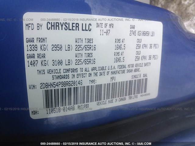 2D8HN54P98R620146 - 2008 DODGE GRAND CARAVAN SXT BLUE photo 9