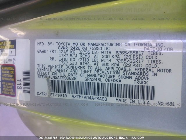 5TEUU4EN5AZ699628 - 2010 TOYOTA TACOMA ACCESS CAB ვერცხლისფერი ფოტო 9