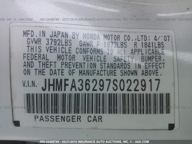 JHMFA36297S022917 - 2007 HONDA CIVIC HYBRID WHITE photo 9