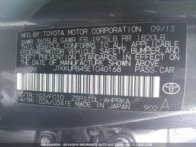 JTKKUPB45E1040168 - 2014 TOYOTA SCION XD GRAY photo 9