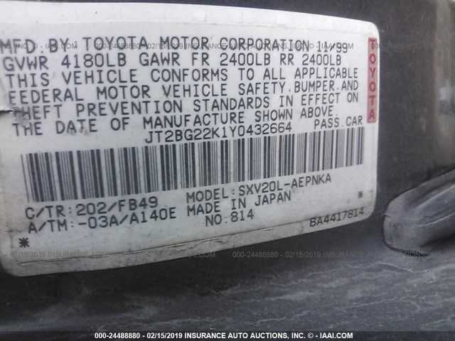 JT2BG22K1Y0432664 - 2000 TOYOTA CAMRY CE/LE/XLE BLACK photo 9