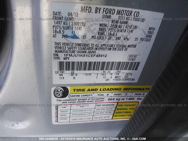 1FMJU1K51CEF45912 - 2012 FORD EXPEDITION LIMITED SILVER photo 9