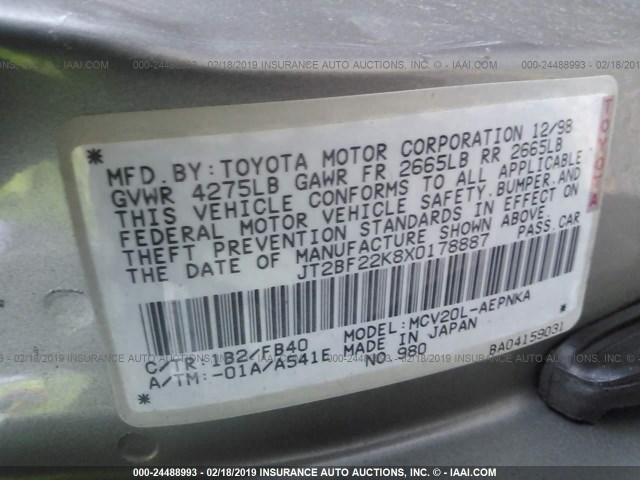 JT2BF22K8X0178887 - 1999 TOYOTA CAMRY LE/XLE Gold Foto 9