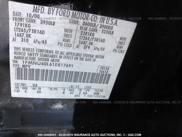 1FMNU40L61EB17691 - 2001 FORD EXCURSION XLT BLACK photo 9