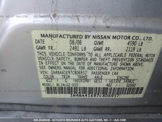 1N4BA41E97C806957 - 2007 NISSAN MAXIMA SE/SL SILVER photo 9