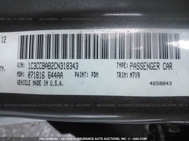 1C3CCBAB2CN318343 - 2012 CHRYSLER 200 LX Pewter photo 9