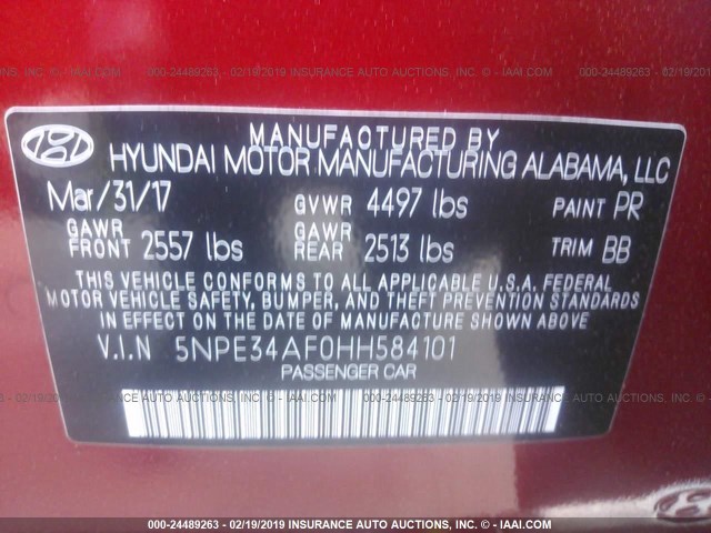 5NPE34AF0HH584101 - 2017 HYUNDAI SONATA SPORT/LIMITED RED photo 9