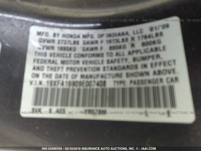 19XFA16909E007408 - 2009 HONDA CIVIC EXL ნაცრისფერი ფოტო 9