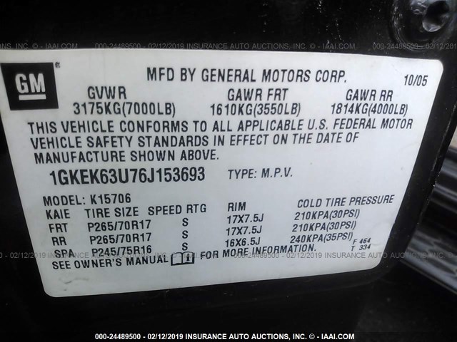 1GKEK63U76J153693 - 2006 GMC YUKON DENALI BLACK photo 9