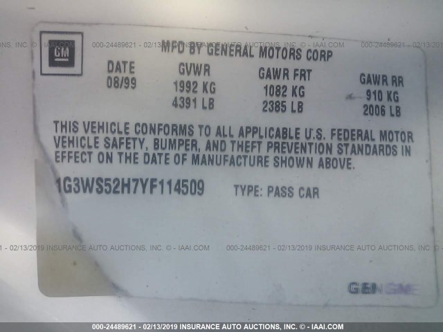 1G3WS52H7YF114509 - 2000 OLDSMOBILE INTRIGUE GL WHITE photo 9