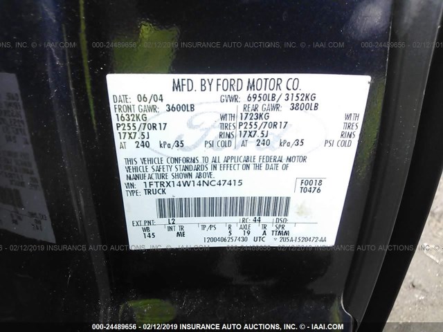 1FTRX14W14NC47415 - 2004 FORD F150 BLUE photo 9