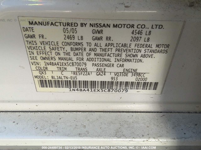 1N4BA41EX5C870079 - 2005 NISSAN MAXIMA SE/SL WHITE photo 9