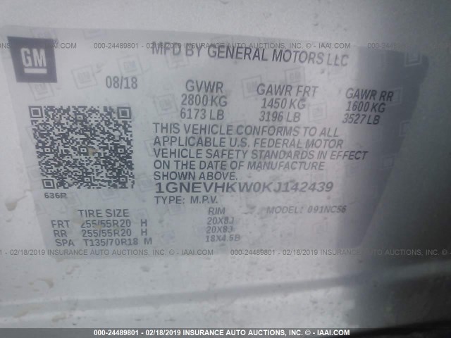 1GNEVHKW0KJ142439 - 2019 CHEVROLET TRAVERSE SILVER photo 9