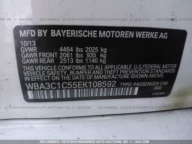 WBA3C1C55EK108592 - 2014 BMW 328 I SULEV WHITE photo 9