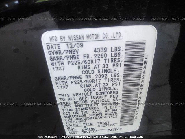 JN8AS5MT5AW503722 - 2010 NISSAN ROGUE S/SL/KROM BLACK photo 9