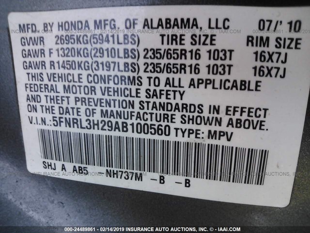 5FNRL3H29AB100560 - 2010 HONDA ODYSSEY LX GRAY photo 9