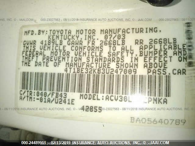 4T1BE32K83U247009 - 2003 TOYOTA CAMRY LE/XLE/SE WHITE photo 9