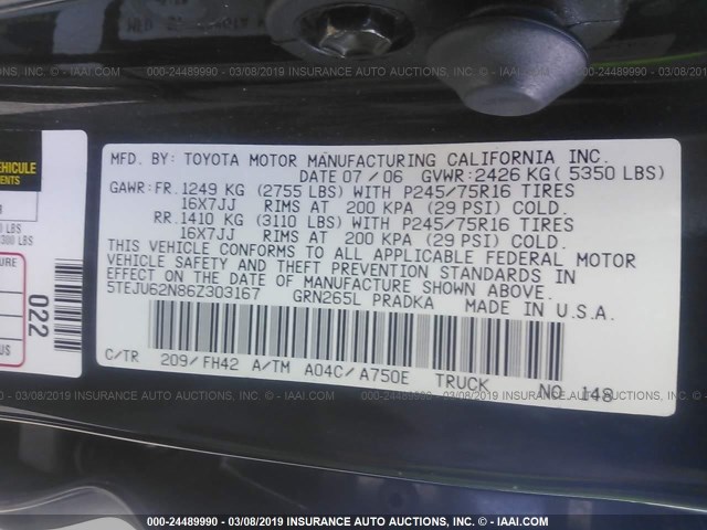 5TEJU62N86Z303167 - 2006 TOYOTA TACOMA DOUBLE CAB PRERUNNER BLACK photo 9