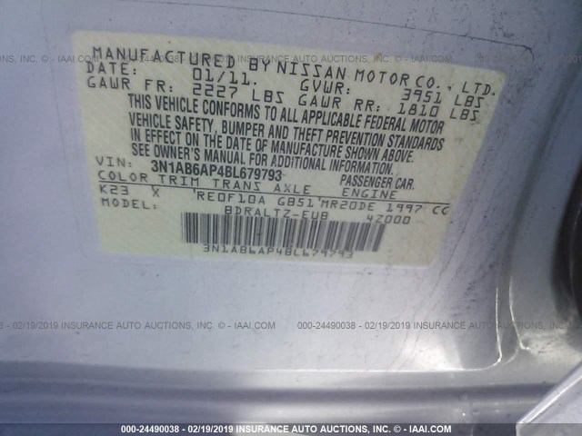 3N1AB6AP4BL679793 - 2011 NISSAN SENTRA 2.0/2.0S/SR/2.0SL SILVER photo 9