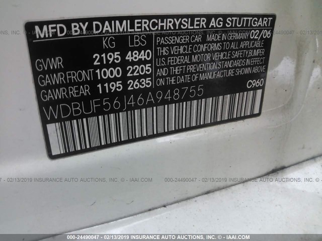 WDBUF56J46A948755 - 2006 MERCEDES-BENZ E 350 WHITE photo 9