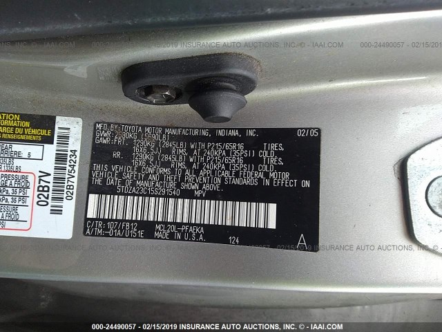 5TDZA23C15S291540 - 2005 TOYOTA SIENNA CE/LE GOLD photo 9