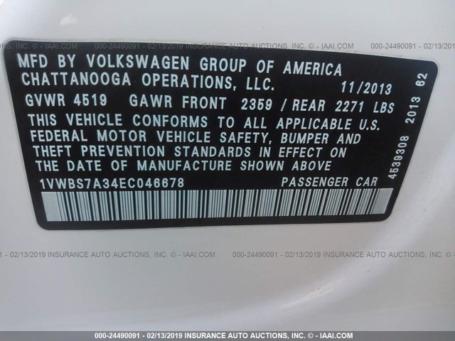 1VWBS7A34EC046678 - 2014 VOLKSWAGEN PASSAT SE WHITE photo 9