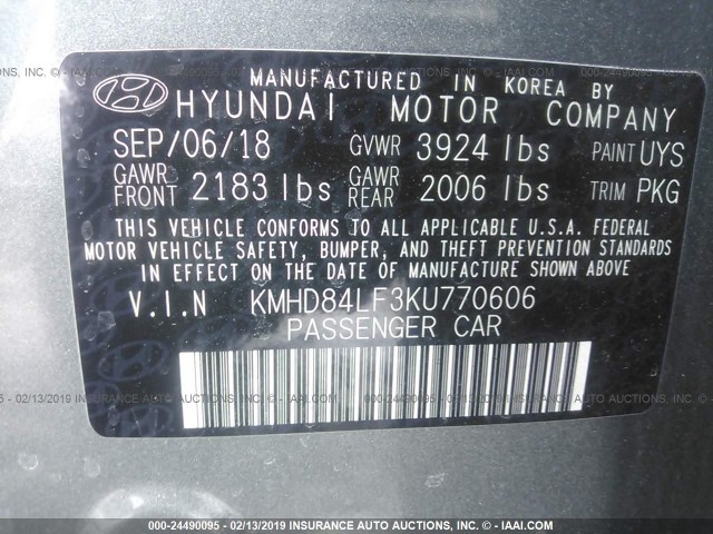 KMHD84LF3KU770606 - 2019 HYUNDAI ELANTRA SEL/VALUE/LIMITED GRAY photo 9