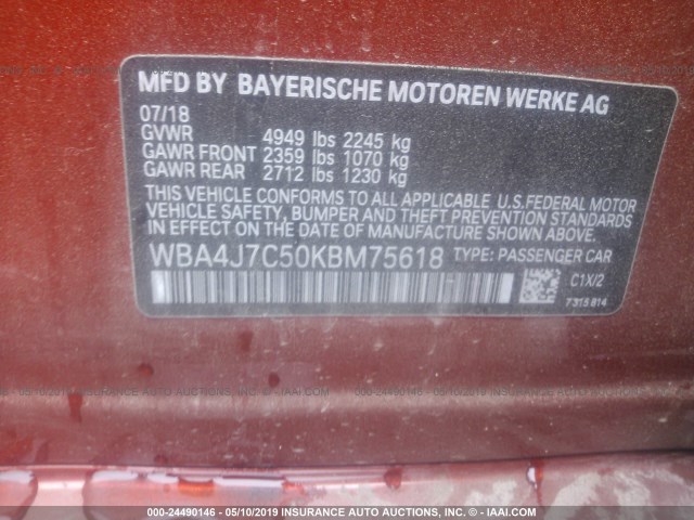 WBA4J7C50KBM75618 - 2019 BMW 440XI GRAN COUPE ORANGE photo 9