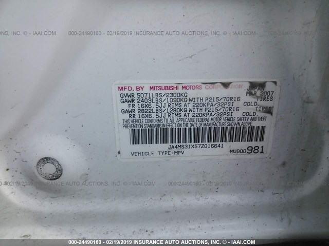 JA4MS31X57Z016641 - 2007 MITSUBISHI OUTLANDER ES/LS Ağ foto 9