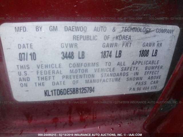 KL1TD6DE5BB125794 - 2011 CHEVROLET AVEO LS/LT Կարմիր լուսանկար 9