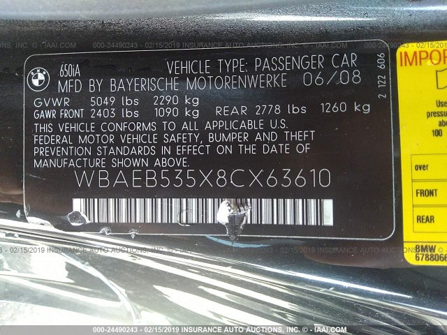 WBAEB535X8CX63610 - 2008 BMW 650 I GRAY photo 9