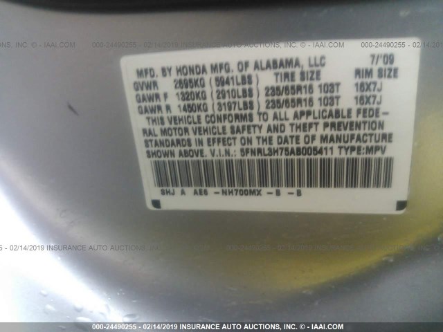 5FNRL3H75AB005411 - 2010 HONDA ODYSSEY EXL SILVER photo 9