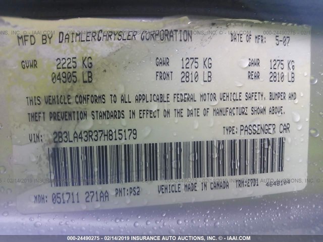 2B3LA43R37H815179 - 2007 DODGE CHARGER SE/SXT SILVER photo 9