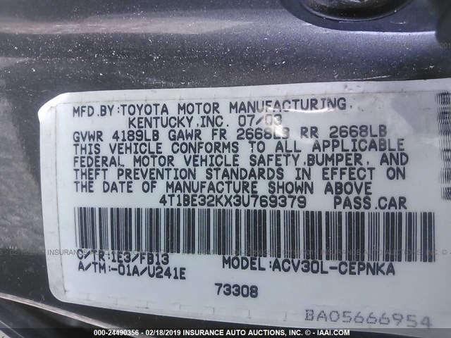 4T1BE32KX3U769379 - 2003 TOYOTA CAMRY LE/XLE/SE SILVER photo 9