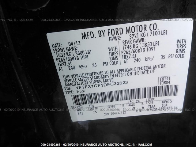 1FTFX1CF1DFC32623 - 2013 FORD F150 SUPER CAB BLACK photo 9