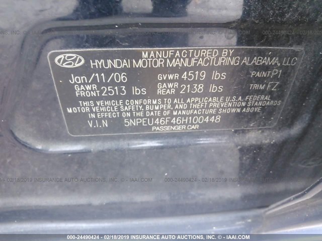 5NPEU46F46H100448 - 2006 HYUNDAI SONATA GLS/LX BLUE photo 9