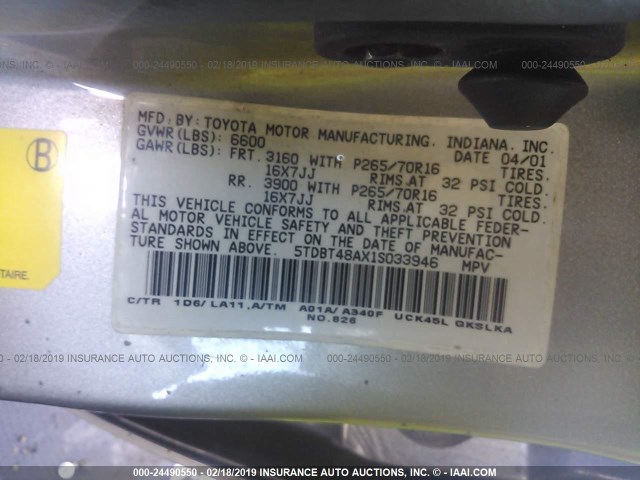 5TDBT48AX1S033946 - 2001 TOYOTA SEQUOIA LIMITED SILVER photo 9