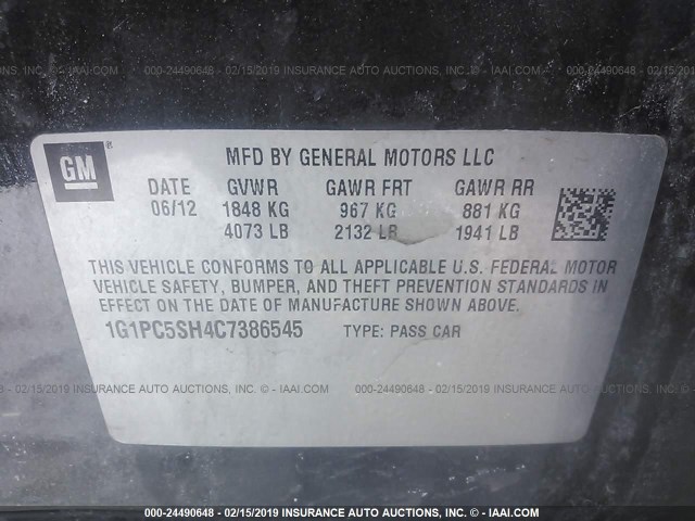 1G1PC5SH4C7386545 - 2012 CHEVROLET CRUZE LS BLACK photo 9