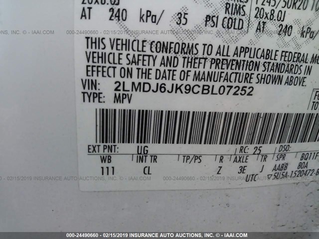 2LMDJ6JK9CBL07252 - 2012 LINCOLN MKX WHITE photo 9