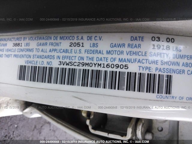 3VWSC29M0YM160905 - 2000 VOLKSWAGEN JETTA GLS WHITE photo 9