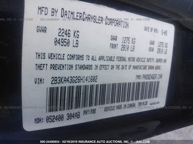 2B3KA43G26H141602 - 2006 DODGE CHARGER SE/SXT BLUE photo 9