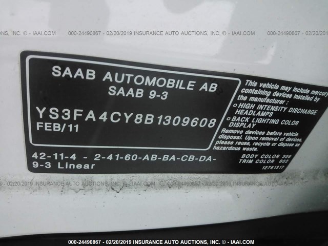 YS3FA4CY8B1309608 - 2011 SAAB 9-3 2.0T WHITE photo 9