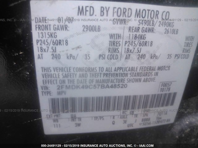 2FMDK49C57BA48520 - 2007 FORD EDGE SEL PLUS BLACK photo 9