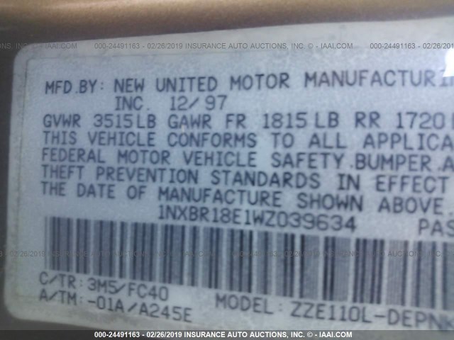 1NXBR18E1WZ039634 - 1998 TOYOTA COROLLA VE/CE/LE 银色 照片 9